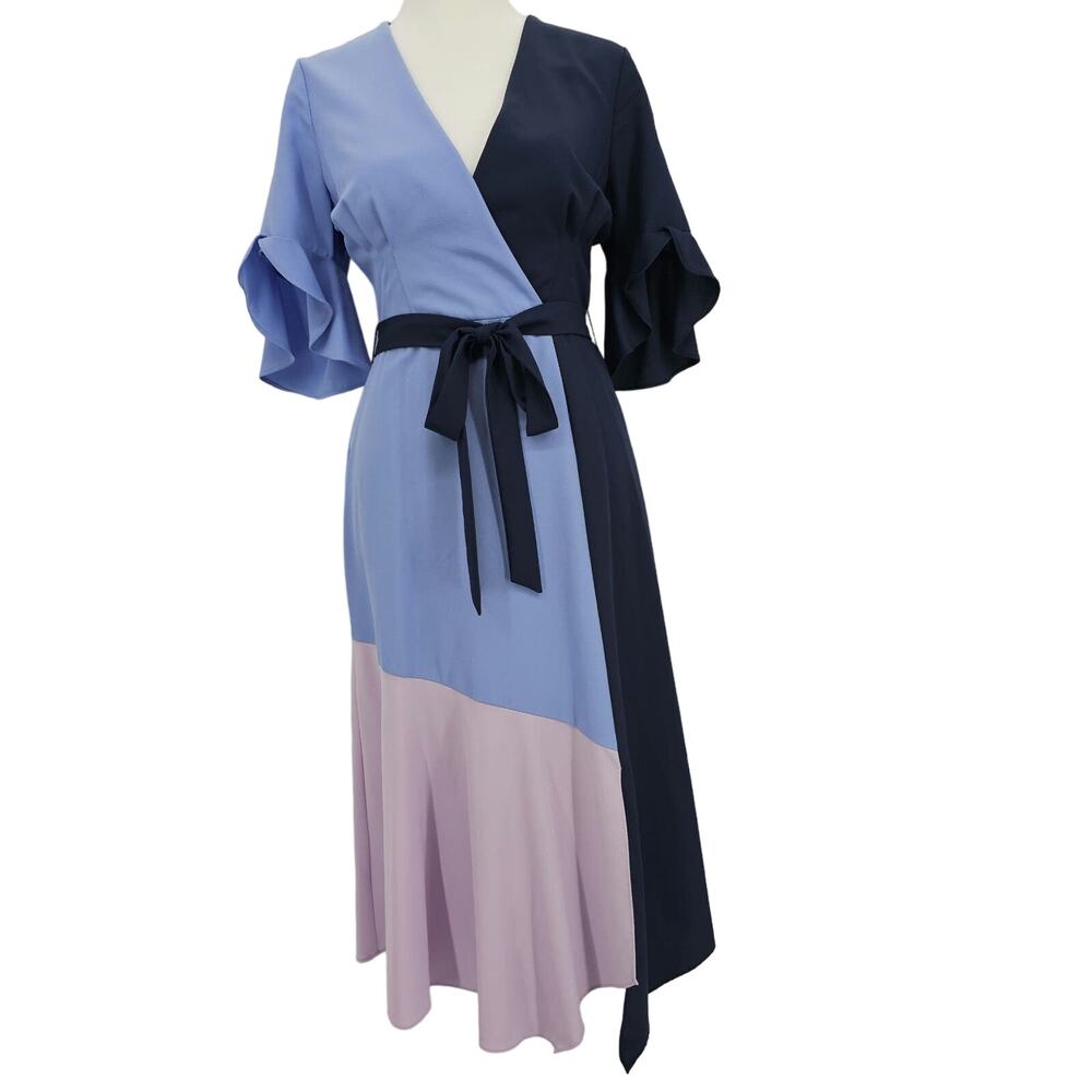 Hutch Womans size XS Colorblock Faux Wrap Midi Dress Blue Navy Purple Tie Waist